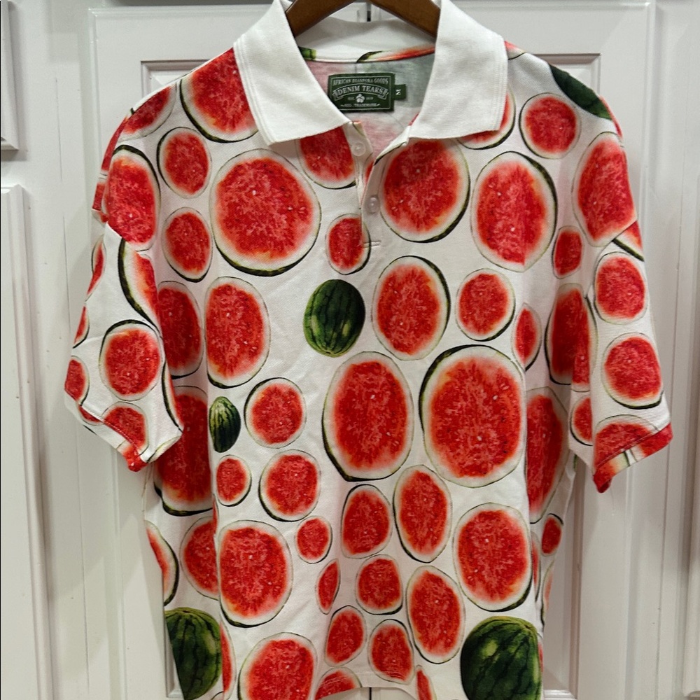 Watermelon-Print White Polo Shirt by Southern Tease New no tag